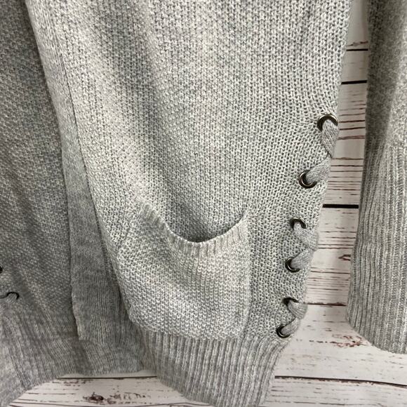 SO S Light Heather Grey Long Lace Up Drape Long Sleeve Cardigan Sweater - Picture 5 of 9